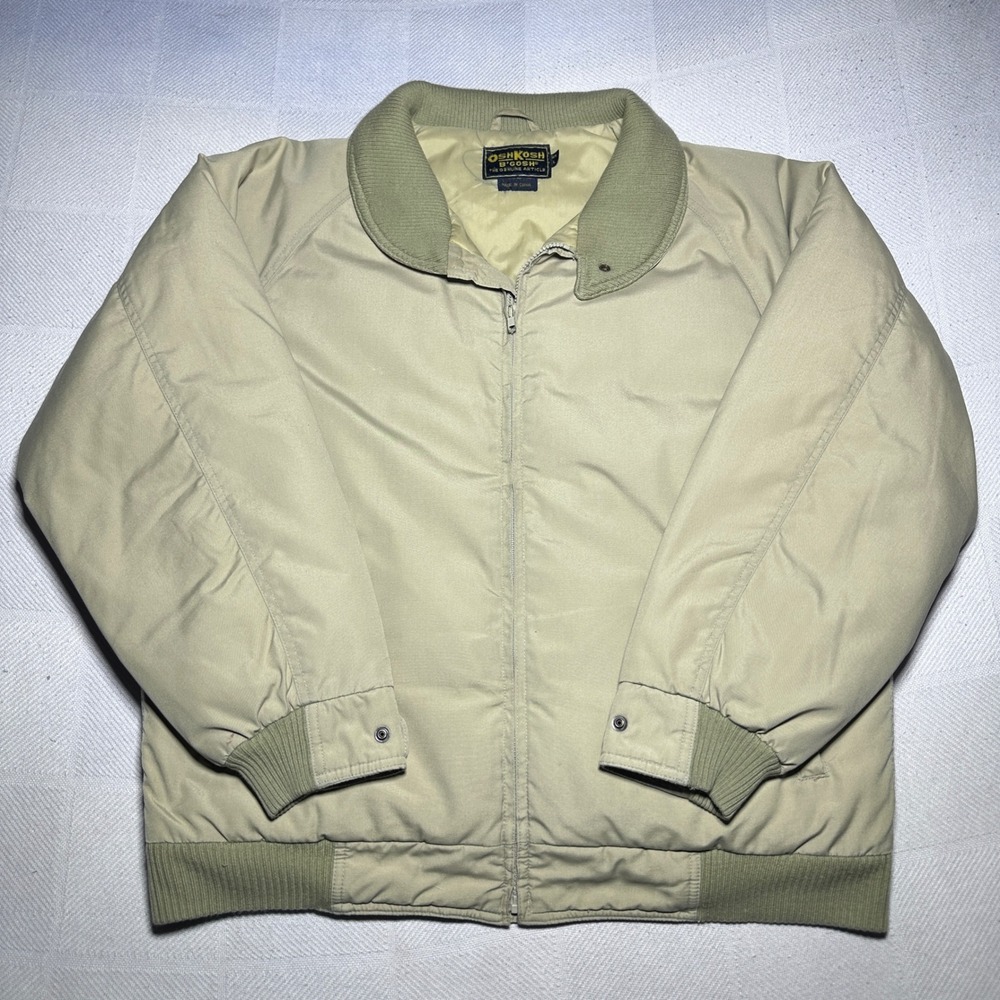 OshKosh B'gosh Bomber Jacket Mens Large Down Fill Insulated Full Zip Khaki Tan